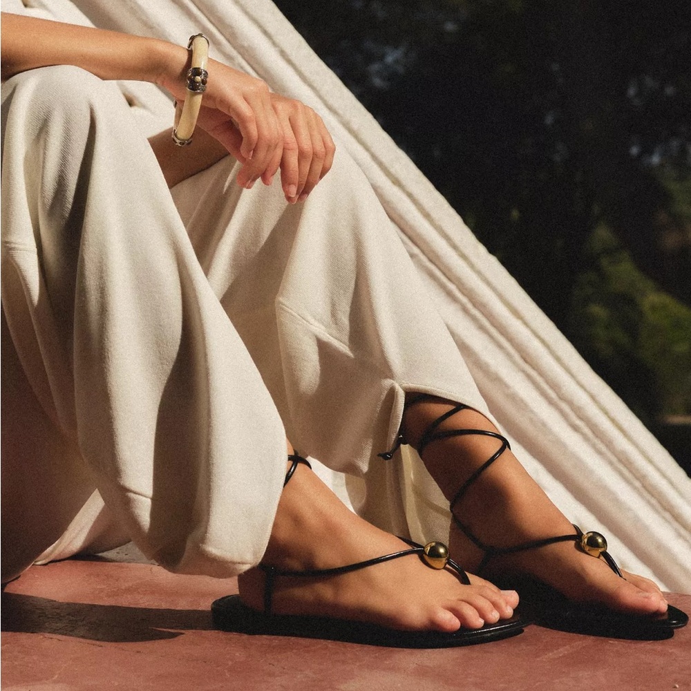 Zara Black Flat Sandals with Metallic Ball Appliqué